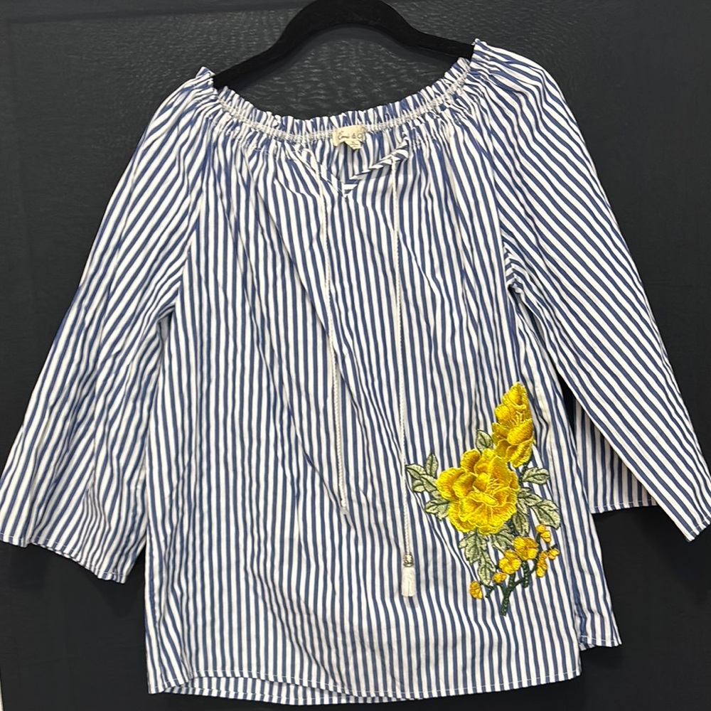 Othr Blue and White Striped Blouse with Yellow Embroidery